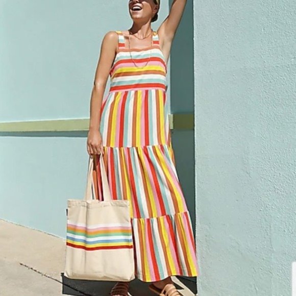J. Crew Size Small Bright Rainbow Stripe Maxi Dress Womens Tiered 100% Cotton - Picture 4 of 15